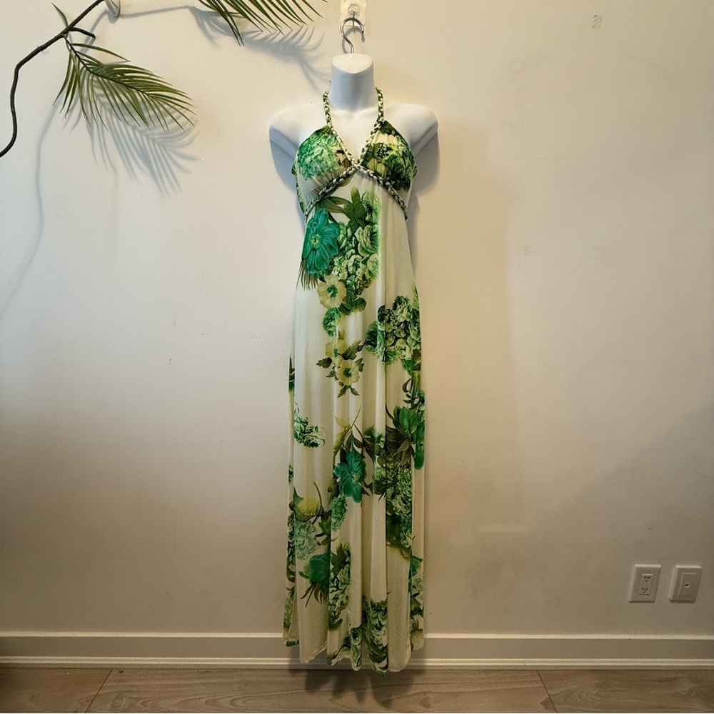 2010’s tropical print floral halter maxi dress with braided neckline